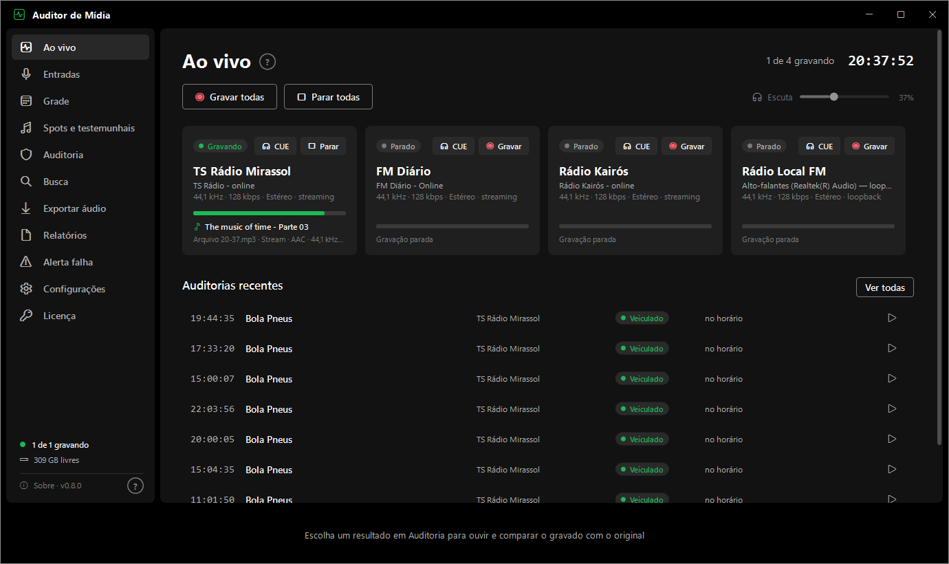 Auditor de Mídia: painel Ao vivo com níveis de áudio, status e controles por emissora